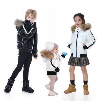Модная пуховая куртка для мальчиков и девочек от 1 до 16 лет с наполнителем из утиного пуха, натуральный мех, глянцевый, ветрозащитный и водоотталкивающий