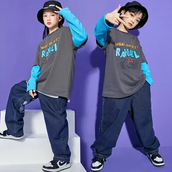 Kid Cool Kpop Хип-хоп Одежда 2 Тона Толстовка Топ Уличная одежда из денима Синие Брюки Джинсы для девочек и мальчиков Джазовый танцевальный костюм Одежда