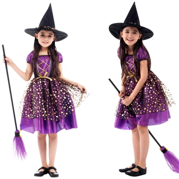 Маскировочный костюм Ведьмы для Девочек, Платье до колена на Хэллоуин со Шляпой-Метлой, Детский Карнавальный Комплект для Косплея и Вечеринки