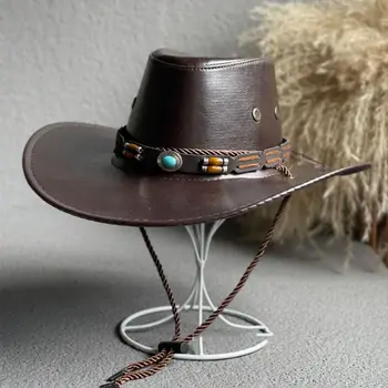 Шляпа С большими полями Сомбреро Hombre С завязками Для Женщин, Женская кепка Из искусственной кожи, Ковбойская шляпа, Рыбацкая Шляпа