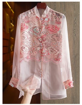 Летняя Высококачественная шелковая рубашка из органзы, Женская вышивка + лоскутное шитье с пайетками, Новый Китайский стиль, Женский топ с длинным рукавом S-XL