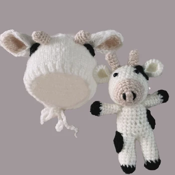 Одежда для фотосъемки, шапочка для новорожденных, для куклы, наушники из молочной коровы, вязаные крючком