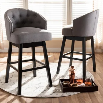 Деревянный поворотный барный стул с серой тканью, набор из 2
