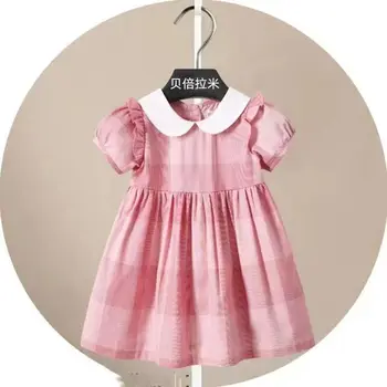 Клетчатое платье с короткими рукавами для девочек 2023, Летнее Новое Детское хлопковое платье 
