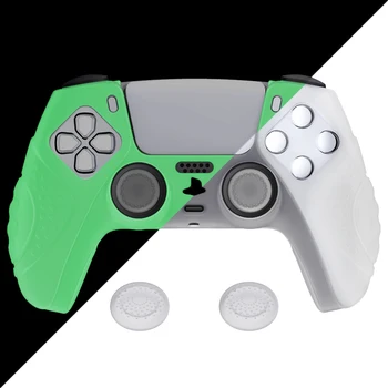 Эргономичный мягкий противоскользящий силиконовый чехол PlayVital Guardian Edition для контроллера ps5 с 2 колпачками для джойстика - светится темно-зеленым