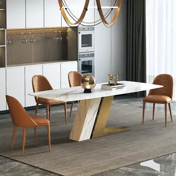 Прямоугольный Мраморный Длинный Обеденный стол из нержавеющей стали и Титана, Золотая комбинация Обеденного стола и стульев, мебель для квартиры