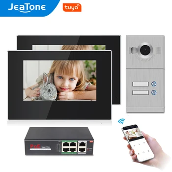 Jeatone 7 Дюймов WiFi Видеодомофон для 2 квартир Система контроля доступа к двери Tuya Smart APP Дистанционная разблокировка, вызов и монитор