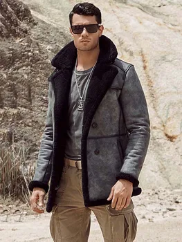 2020 Новое мужское пальто из овчины, длинная меховая верхняя одежда, серое кожаное пальто, охотничья куртка B3