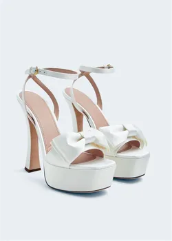 Женская обувь, Белые атласные свадебные босоножки на платформе, Идеальный каблук 135 мм, платформа 40 мм