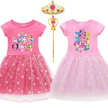Новая летняя одежда для маленьких девочек 캐치! 티니핑 Платья принцессы для маленьких девочек, кружевное платье для вечеринки в честь дня рождения, волшебная палочка с короной