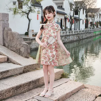 Платья для девочек, Лето 2023, Новая Детская одежда в китайском стиле, Чонсам для девочек-подростков, Платье Принцессы с цветочным узором
