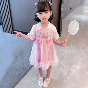 Платье Hanfu для девочек, летнее платье, Новая детская одежда в древнем китайском стиле, юбка с оборками, летняя экзотическая юбка Принцессы