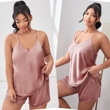 Летняя модная одежда для сна, Женская пижама, Сексуальный Полиэстер без рукавов, однотонный шелк льда, Вентилируемый V-образный вырез, большой размер
