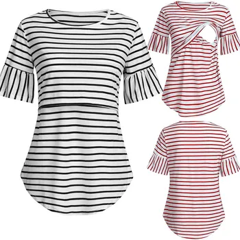 Женская футболка для беременных, Полосатые Футболки с коротким рукавом, Летняя Одежда для беременных, Одежда для грудного вскармливания, Футболки для кормящих