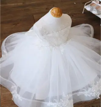 Детское платье для девочек на 1 год Рождения, Кружевное Тюлевое платье Принцессы с бисером и большим бантом, Платье для крещения Новорожденных на 1 год Vestido Infantil