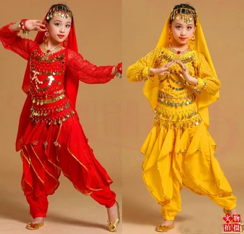 5 шт./компл., костюмы для танца живота для девочек, детский танцевальный комплект, Детский костюм для танца живота с длинным рукавом для детского выступления на индийской сцене