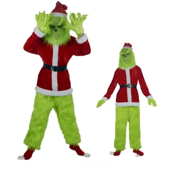 Рождественский Зеленый Меховой костюм Монстра Санта-Клауса для Косплея, Костюм Санта-Клауса, Одежда из аниме, Новогодняя Забавная маска, перчатки, набор для вечеринки на Хэллоуин