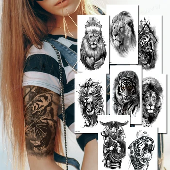сексуальная татуировка для боди-арта животное тигр король голова льва лес временная татуировка наклейка черная водонепроницаемая татуировка на руку плечо рукав
