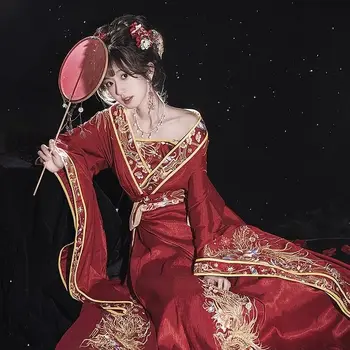 Женское платье Hanfu Древнекитайское Традиционное Свадебное Платье с вышивкой для новобрачных Красное платье Hanfu для Косплея на Хэллоуин, Танцевальное платье