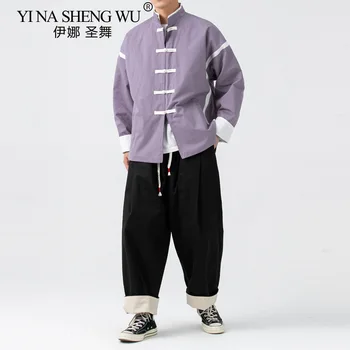 Комплект Кимоно, Новый Мужской костюм Свободного размера со стоячим воротником, куртка на пуговицах в китайском стиле, Повседневные брюки, Мужские брюки из двух предметов, Новые