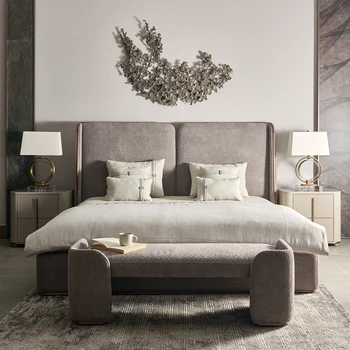 Оптовый набор мебели для спальни в отеле, роскошные двуспальные кровати King Size из роскошной ткани с кобурами