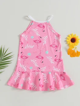 Летнее платье без рукавов с принтом динозавра и Фламинго для маленьких девочек для Пляжного отдыха - Милое повседневное короткое платье для 2-7 лет