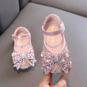 Новая весенне-осенняя обувь для девочек, обувь принцессы с блестками, стразами и бабочками, блестящие туфли на плоской подошве для танцевальной вечеринки, обувь для выступлений H534