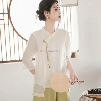 2023 новый костюм в китайском стиле эпохи тан, чайный сервиз в стиле ретро дзен, летняя рубашка с коротким рукавом, широкие брюки, элегантный китайский комплект из двух предметов s336
