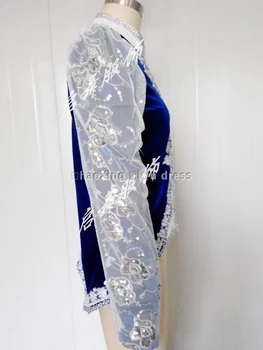 Мужская балетная куртка из королевского синего бархата с серебряной отделкой и аппликацией, мужская куртка для выступлений.мы принимаем костюмы, сшитые на заказ