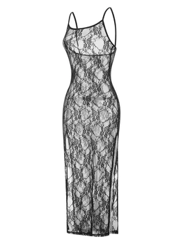 Vestido longo feminino sexy transparente transparente frente única alças finas colado ao corpo vestido para noite e