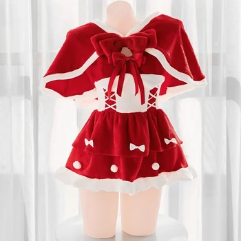 Милое Рождественское короткое платье для девочек в стиле Лолиты, Плюшевый костюм, Сексуальный Красный плащ с бантом, юбка для торта на подтяжках, пижама для зимней вечеринки