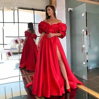 SoDigne Сексуальное Красное атласное вечернее платье с открытыми плечами Трапециевидной формы для женщин, Длинное Плиссированное Вечернее платье с открытой спиной 2022