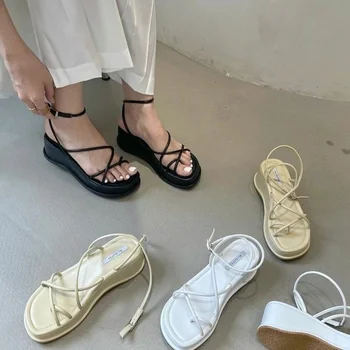 Женские босоножки на платформе с ремешком на щиколотке, Повседневная обувь, увеличивающая рост, Летняя модная дизайнерская обувь с узкой лентой, модельные туфли с открытым носком