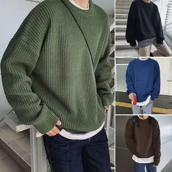 Корейский Стиль, осенне-зимний мужской пуловер, свитер с круглым вырезом и длинным рукавом, однотонные вязаные топы свободного кроя, Уличная одежда