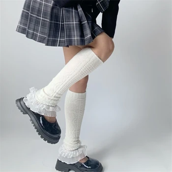 Женщины И Девушки, Кружевной Подол В Японском стиле, Вязаные Длинные Гетры, Чулки до колен, Зимние Теплые носки для ног
