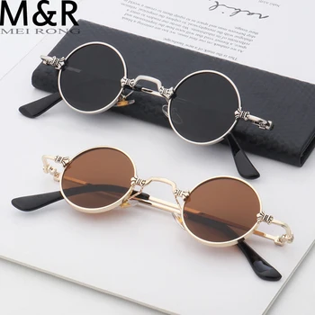 MEIRONG Маленькие круглые солнцезащитные очки Женские Мужские UV400 Металлические Брендовые дизайнерские солнцезащитные очки в стиле панк, Винтажные очки в стиле стимпанк, черные оттенки
