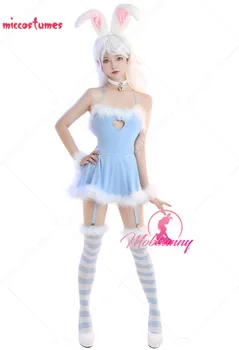 Женский комплект сексуального нижнего белья Bunny Girl, Домашняя одежда, Синее боди с пушистым сердечком, с юбкой и полосатыми чулками, костюм