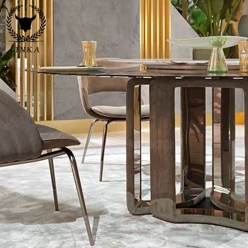 обеденный стол и стул из натурального мрамора, сочетание стекла, круглый обеденный стол, большая квартира, обеденный стол из нержавеющей стали