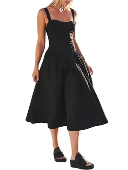 Женское платье-комбинация без рукавов, платье миди трапециевидной формы с открытой спиной, летнее однотонное платье-качели, длинное платье для коктейльной вечеринки