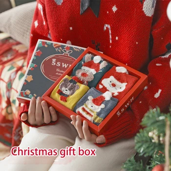 Горячая распродажа, 4 пары В подарочной коробке, женские носки, Рождественские Новогодние Красные хлопковые носки с Рисунком Лося, Веселые