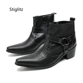 Мужские Ботильоны с пряжкой и Ремешком для Шитья, Черные мужские ботинки из натуральной кожи на среднем каблуке в стиле Ретро, Лаконичная защитная обувь для Работы