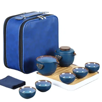 Дорожный керамический чайный набор Кунг-фу - Переносная сумка, Черная керамика, 1 чайник, 5 чашек, Чайник для чая на открытом воздухе