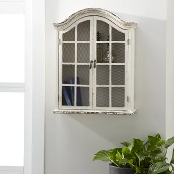 Винтажный Декор стен из белого дерева BOUSSAC со стеклянными дверцами и стеллажами, 22 