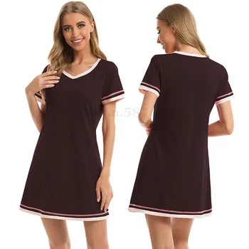 Летняя Женская ночная рубашка с коротким рукавом, Свободная одежда для сна, Сексуальная ночная рубашка с V-образным вырезом контрастного цвета, домашняя одежда, одежда для отдыха