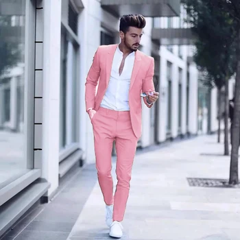 2021 Повседневный Модный Роскошный Деловой Мужской костюм для Свадебной вечеринки, Смокинги Slim Fit, Розовые Костюмы с отворотом, Мужские (куртка + брюки)