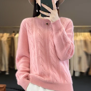 Новый женский вязаный кашемировый свитер с круглым вырезом, осенне-зимний корейский вариант свитера из 100% шерсти с длинным рукавом
