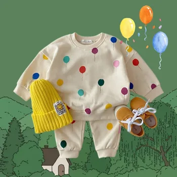 Воздушный шар, Корейский зимний теплый Детский спортивный костюм для маленьких мальчиков и девочек, Комплекты одежды для малышей, Пуловер, Топ с вышивкой и брюки, костюмы 2 шт.