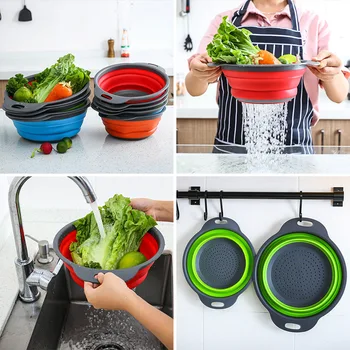 Силиконовая Складная Корзина для Овощей Кухонная Сливная Корзина Пластиковый Таз для мытья овощей Круглый Креативный Vege