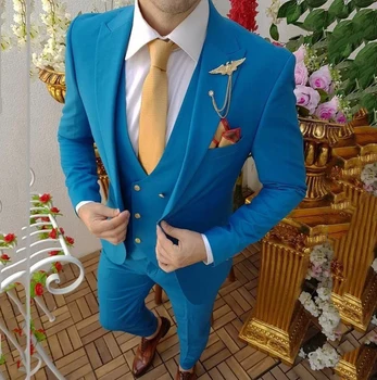 Официальные Мужские костюмы Синего цвета 2020, приталенный костюм Жениха с вырезами на лацканах, Мужской смокинг, Блейзер, Костюмы для свадьбы/выпускного вечера, комплект из 3 предметов (блейзер + жилет + Брюки)