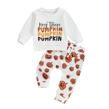 Милый детский комплект одежды из 2 предметов, толстовка с длинным рукавом с буквенным принтом и штаны с принтом тыквы, комплект осенней одежды для новорожденных